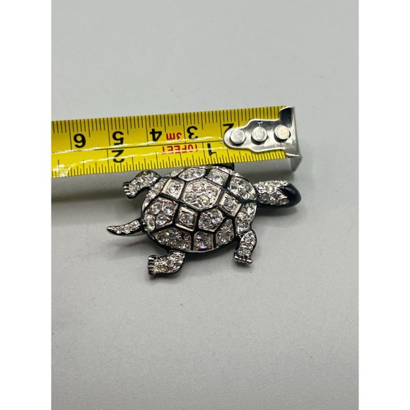Kenneth Jay Lane KJL Turtle Pin Brooch Silver Tone Clear Crystals Black Enamel - Picture 9 of 9